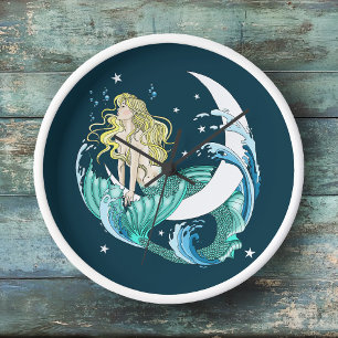 Blonde Meerjungfrau Halbmond Fantasy Art Deco Uhr