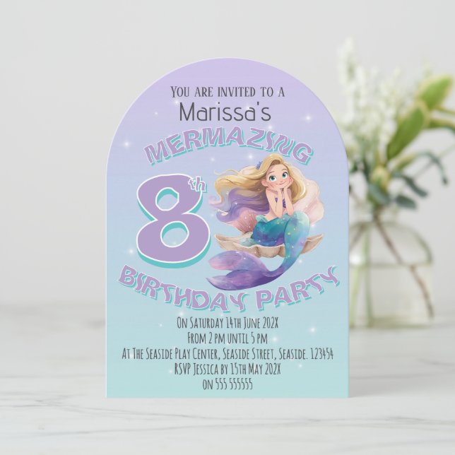 Blonde Mermaid Age Birthday Party Invitation (Debout devant)