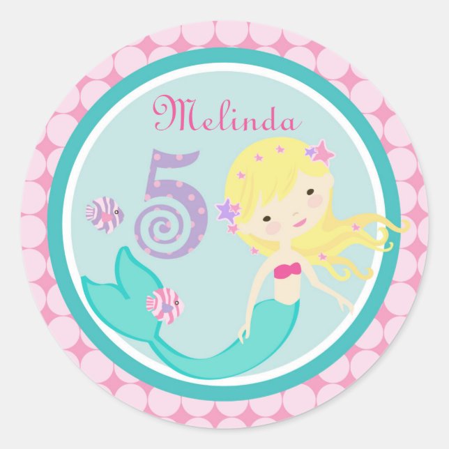 Blonde Mermaid Age Five Birthday Sticker (Vorderseite)