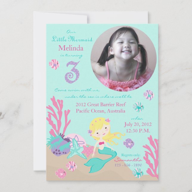 Blonde Mermaid Dritter Geburtstag Einladung (Vorderseite)