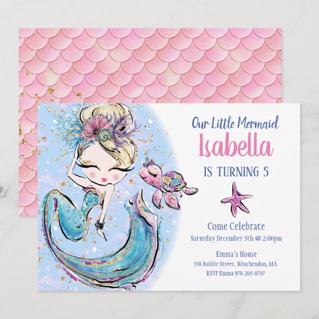 Blonde Mermaid Geburtstagsparty Einladung (Vorne/Hinten)