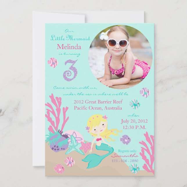 Blonde Mermaid Invitation au troisième anniversair (Devant)