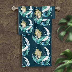 Blonde Mermaid Moon Fantasy Art Deco Badhandtuch Set