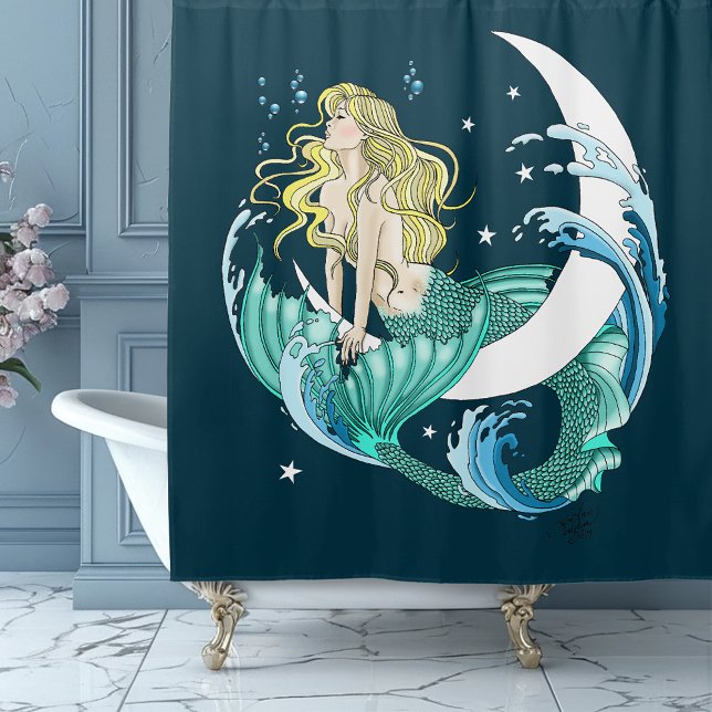 Blonde Mermaid Moon Fantasy Art Deco Duschvorhang (Von Creator hochgeladen)