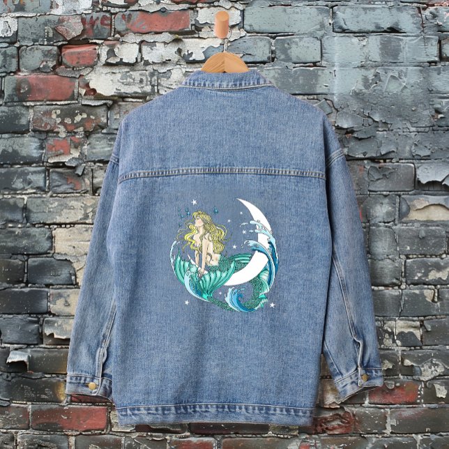 Blonde Mermaid Moon Fantasy Art Deco Jeansjacke (Von Creator hochgeladen)
