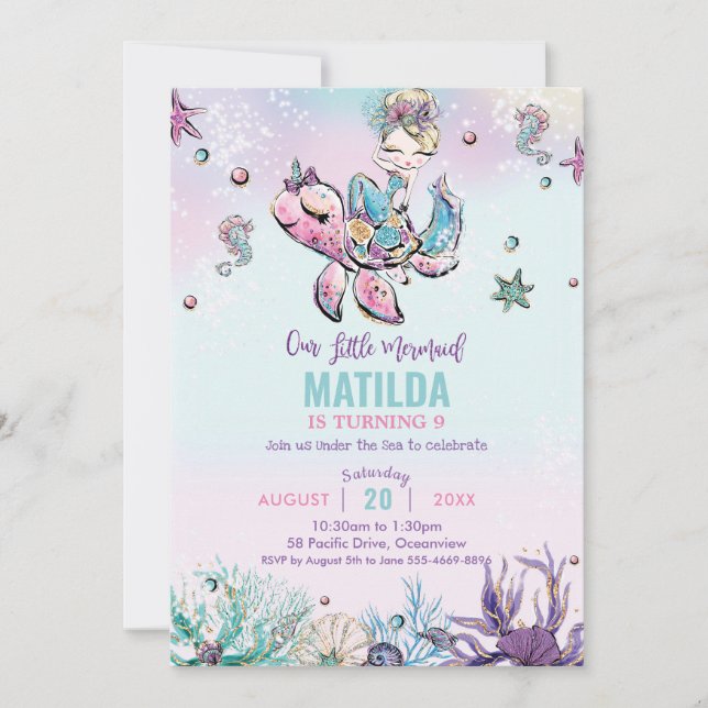 Blonde Mermaid unter der Sea Birthday Party Einladung (Vorderseite)