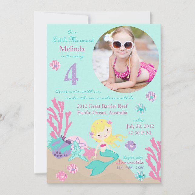 Blonde Mermaid zum vierten Geburtstag Einladung (Vorderseite)