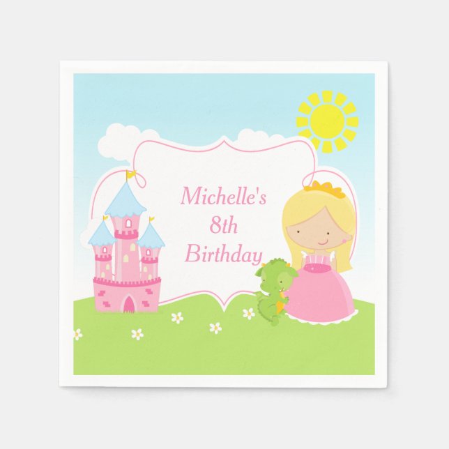 Blonde Niedliche Prinzessin und Dragon Birthday Pa Serviette (Vorderseite)
