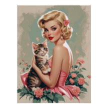 Blonde Pin-Up im roten Kleid und süße Katze