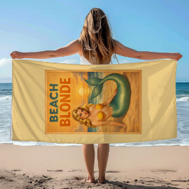 Blonde Pin-Up Meerjungfrau | Sonniges Gelbes Retro Strandtuch