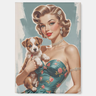 Blonde Pin-Up mit süßem Welpen Magnet