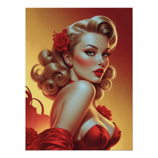 Blonde Pin-Up-Plakate im roten Kleid Poster (Vorderseite)