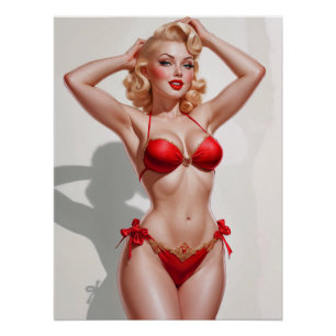 Blonde Pin-Up rote Unterwäsche  Poster