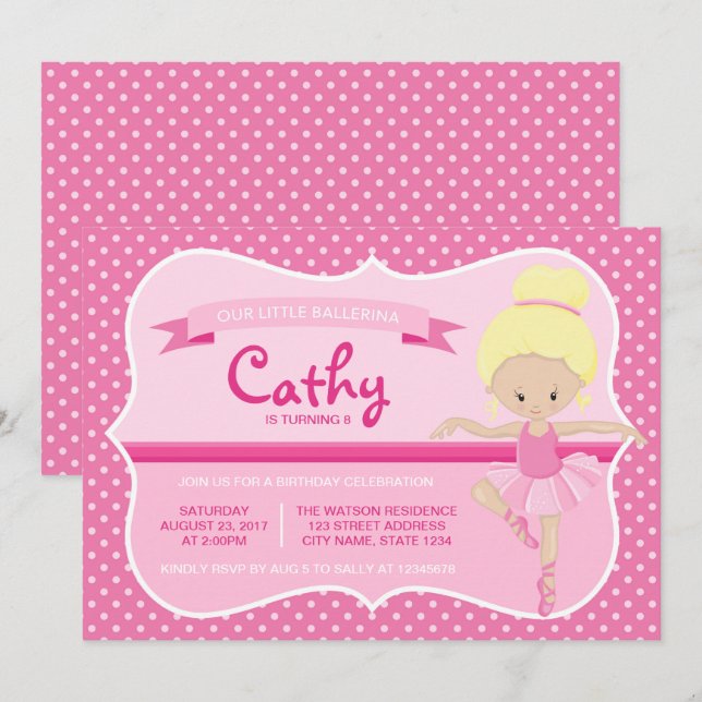 Blonde Pink Ballerina Zum Geburtstag Einladung (Vorne/Hinten)