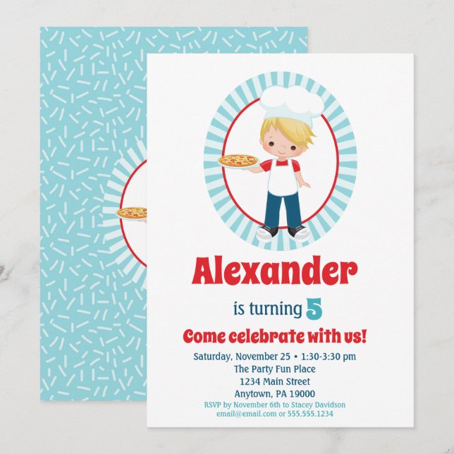 Blonde Pizza Party Boys Einladung Geburtstag (Vorne/Hinten)