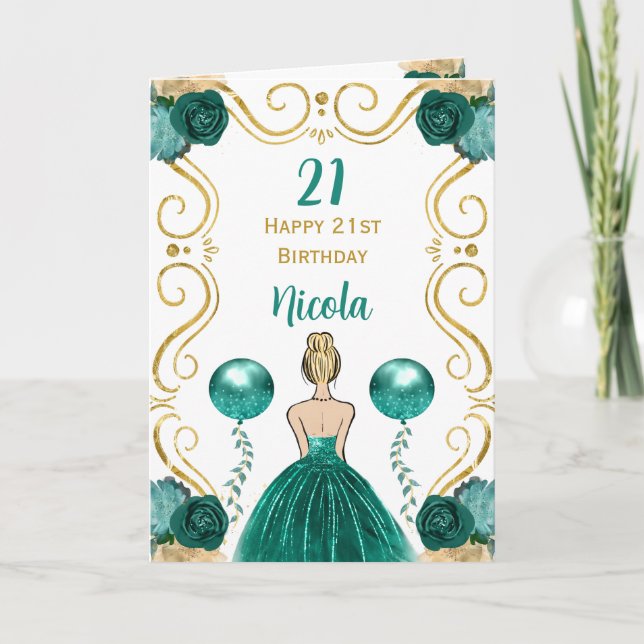 Blonde Princess Aquamarin Happy Birthday Karte (Vorderseite)