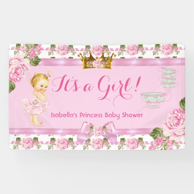 Blonde Princess Baby Dusche Rosa Roses Tee Party Banner (Horizontal)