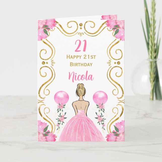 Blonde Princess Pink Happy Birthday Karte (Vorderseite)