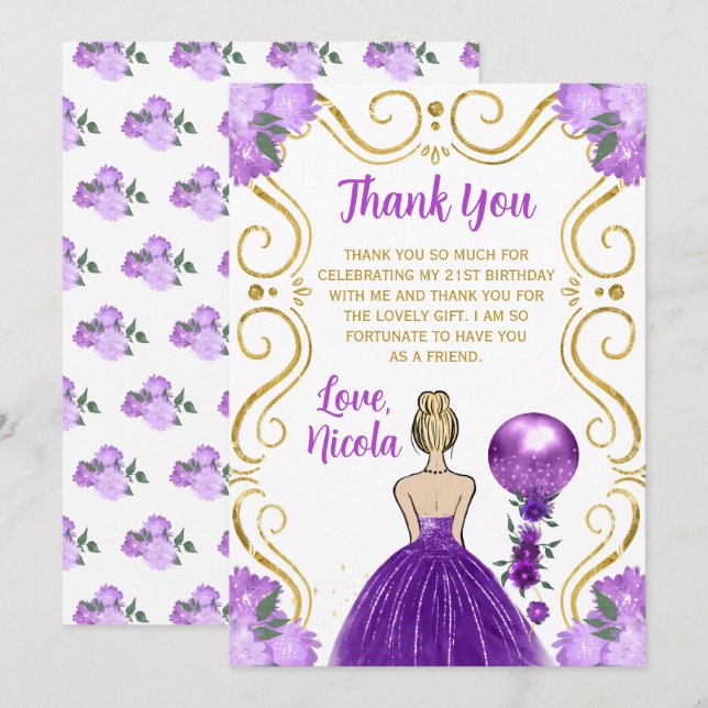 Blonde Princess Purple Happy Birthday Dankeskarte (Vorne/Hinten)