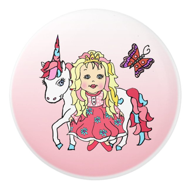 Blonde Princess und Unicorn Keramikknauf (Vorderseite)