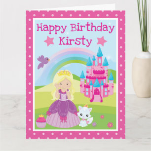 Blonde Prinzessin mit Schloss und Regenbogen-Gebur Karte