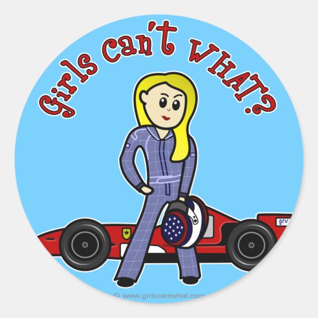 Blonde Race Car Driver Girl Runder Aufkleber (Vorderseite)