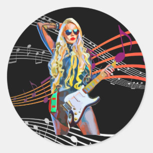 Blonde Rocker Abstrakte Gitarrenspielerin Art Runder Aufkleber