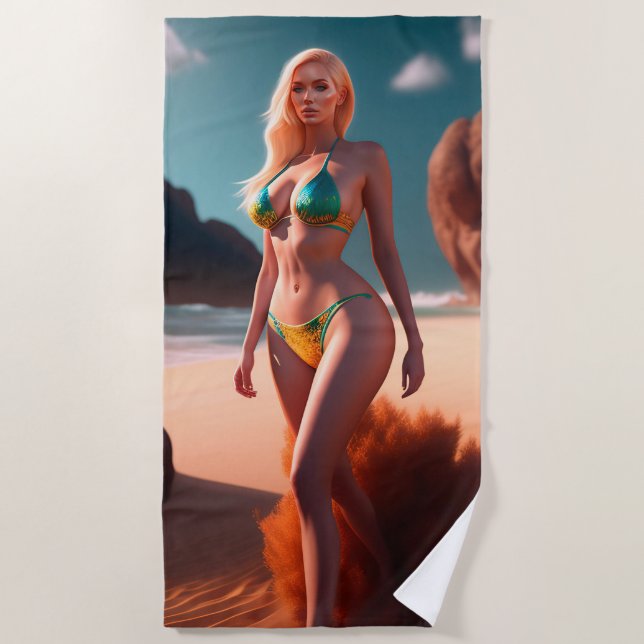 Blonde schönes Mädchen posiert Strandtuch (Vorderseite)