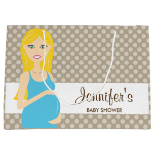 Blonde schwangere Frau in Blue Dress Baby Dusche Große Geschenktüte