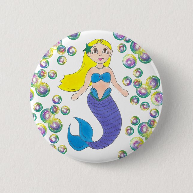 Blonde schwimmen Meerjungfrau Girl Bubbles Meer Button (Vorderseite)