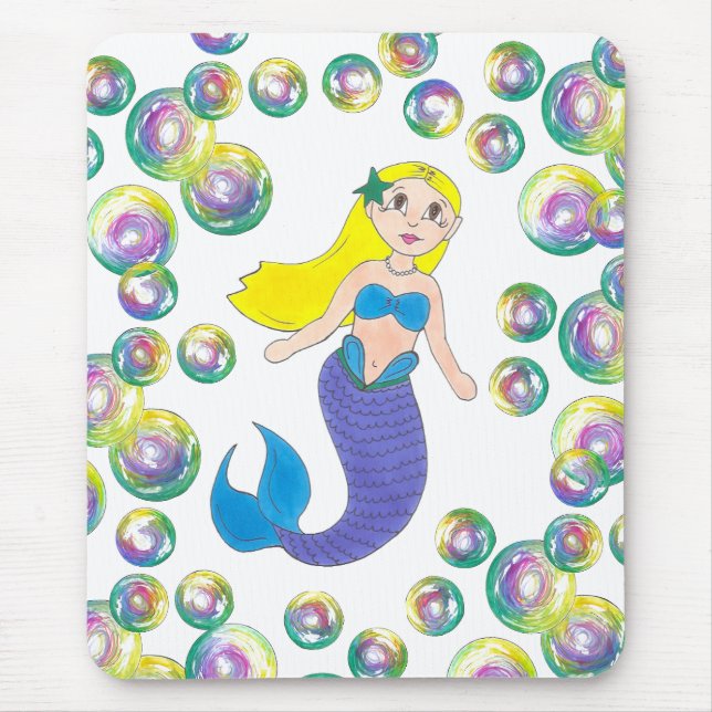 Blonde schwimmen Meerjungfrau Girl Bubbles Meer Mousepad (Vorne)