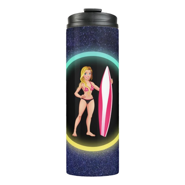 Blonde Surfer Teenage Girl Galaxy Thermosbecher (Vorderseite)