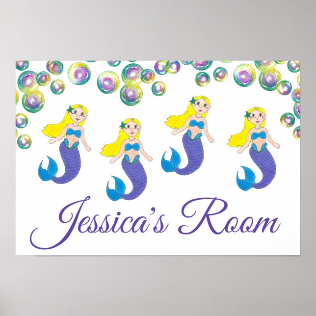 Blonde Swimming Mermaid Girl Personalized Bedroom Poster (Vorne)