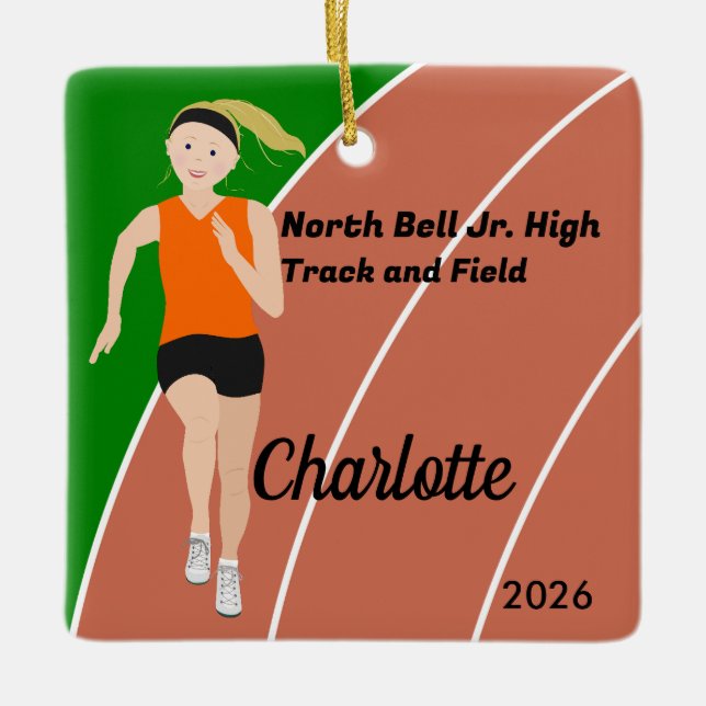 Blonde Track and Field Girl in Orange Black Keramikornament (Vorderseite)