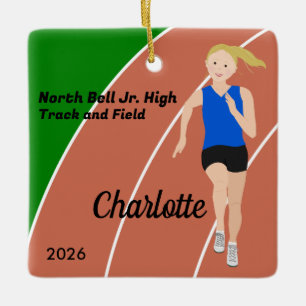 Blonde Track und Field Girl Blue Black Keramikornament