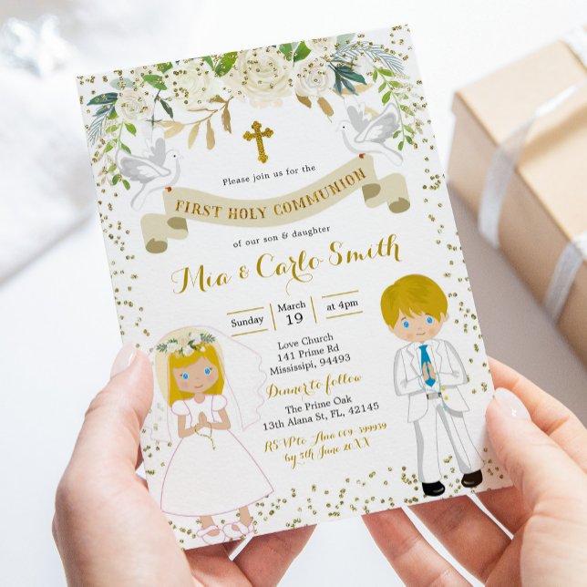 Blonde Twin Boy and Girl First Heilige Kommune Einladung (Von Creator hochgeladen)