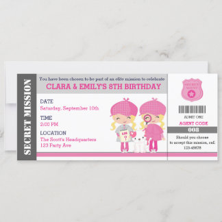 Blonde Twins Girl Spy / Detection Ticket Geburtsta Einladung