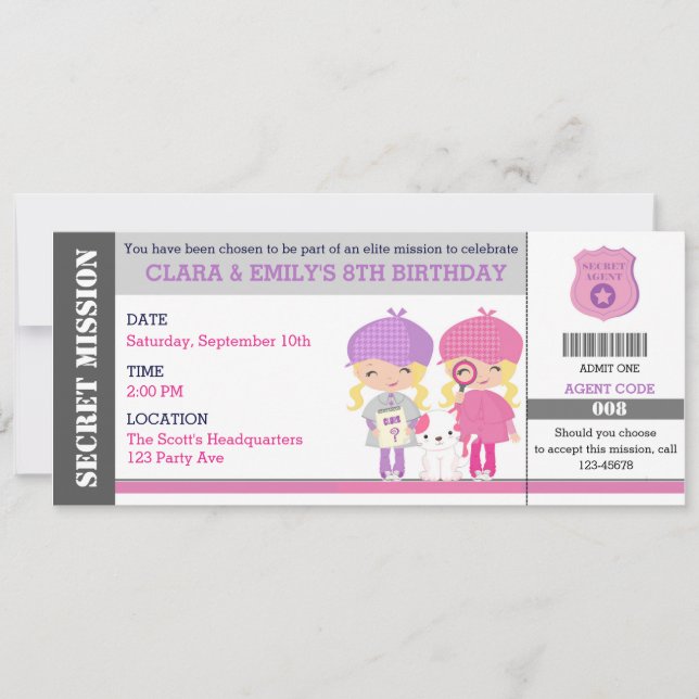 Blonde Twins Girls Spy / Detective Ticket Geburtst Einladung (Vorderseite)