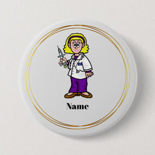 Blonde Weibliche Ärztin mit Spritzennamenknopf Button