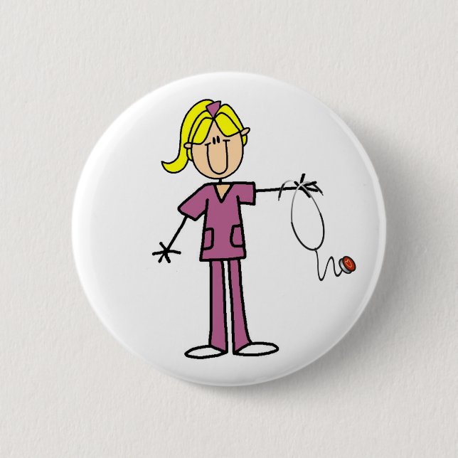 Blonde weibliche Strichmännchen-Krankenschwester Button (Vorderseite)