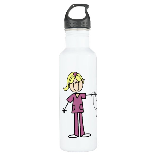 Blonde weibliche Strichmännchen-Krankenschwester Edelstahlflasche (Vorderseite)