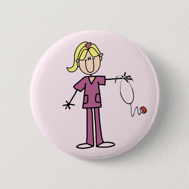 Blonde weibliche Strichmännchen-Krankenschwester-T Button (Vorderseite)
