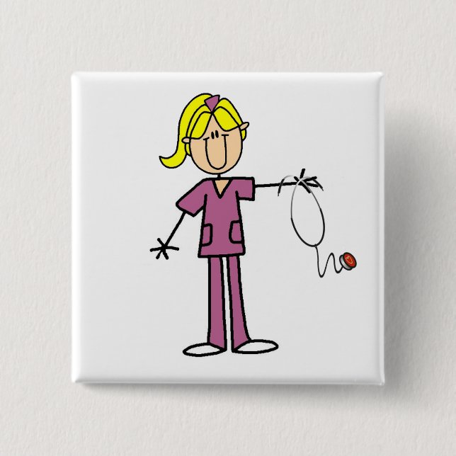 Blonde weibliche Strichmännchen-Krankenschwester-T Button (Vorderseite)