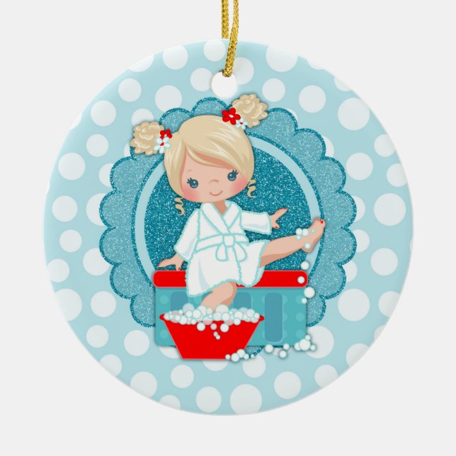 Blonde Wellness-Center Girl Bubbles Türkis Keramik Ornament (Vorne)