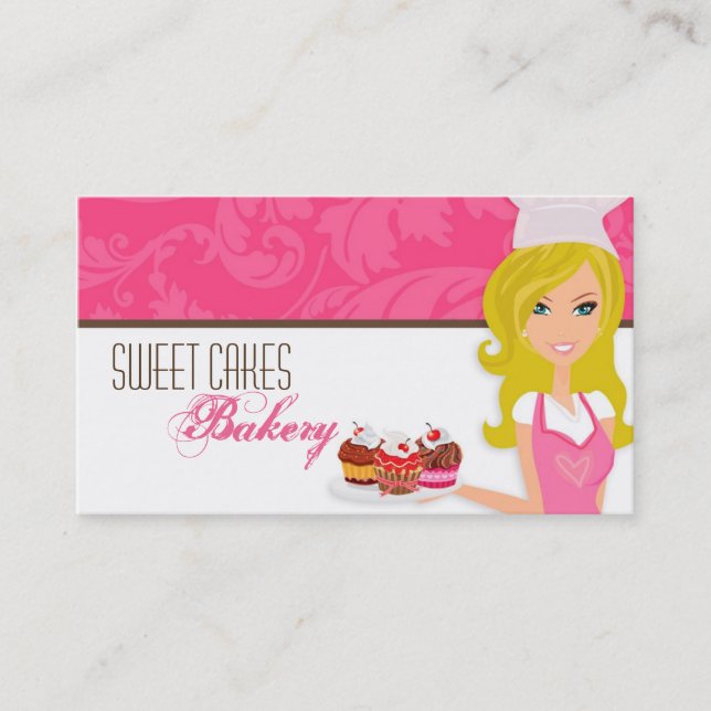 Blonder Bäcker auf rosa Brown-Schale backt Visitenkarte (Vorderseite)