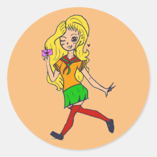 Blonder Colourful Cartoon Girl. Fluffy. Runder Aufkleber