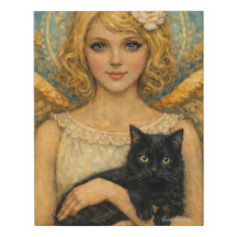 Blonder Engel hält schwarze Katze 