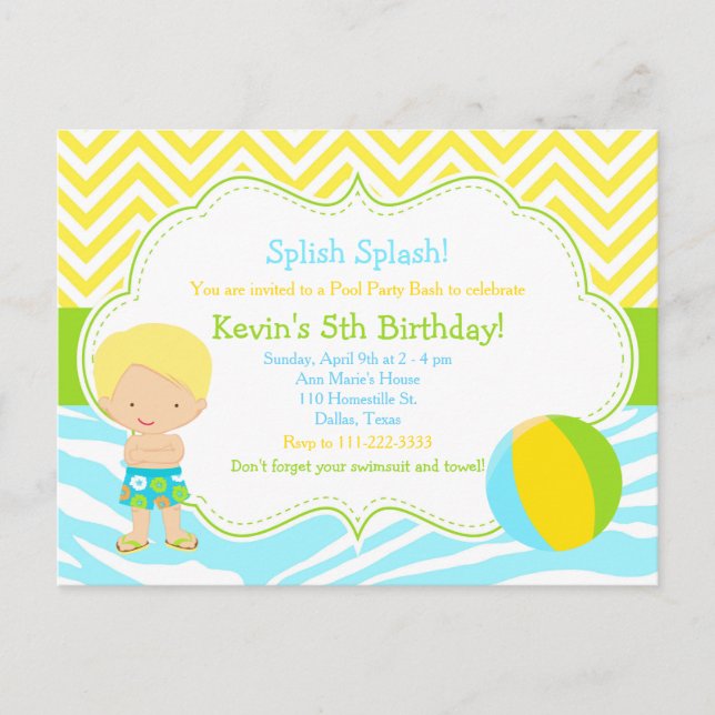 Blonder Jungen-Poolparty-Bash-Party Postkarte (Vorderseite)