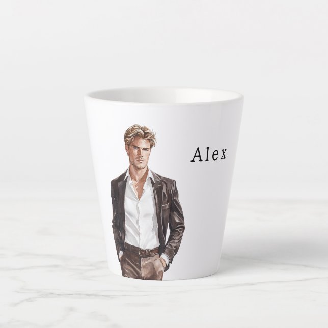 Blonder Mann Braune Jacke Milchtasse (Vorderseite)