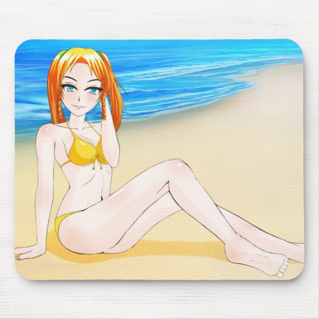 Blondes Anime-Mädchen am Strand Mousepad (Vorne)